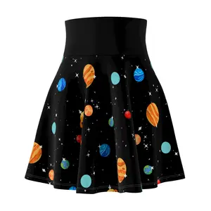 Cartoon Planets Skater Skirt - Cute Nerdy Space Themed Colorful Solar System Planets Skirt - Nerdy Goth Black Skirt With Stars and Planets floor length