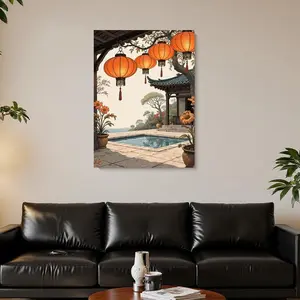 Framed 1pc -Inspired Chinese Courtyard Landscape Canvas Wall Art - Traditional East Asian Framed Print with Red Lanterns, Tree Silhouette & Water Reflections,  Wood Frame, Ready-to-Hang for Home, Restaurant, or Asian Decor, 2D Flat