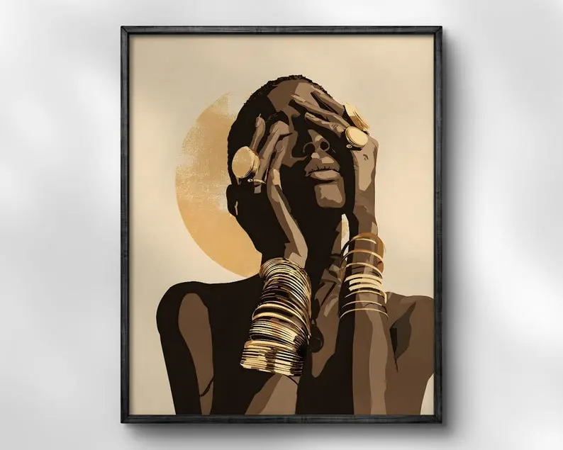 Afrocentric Woman Art Print, Minimalist Gold Wall Decor, Modern Black Queen Artwork, Luxury Neutral Boho Poster, Elegant Feminine Home Poster