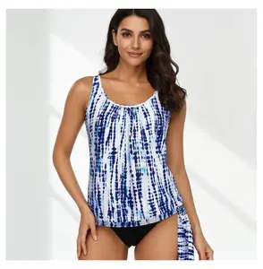 Tie Dye Tankini Set for Women, Blue Blouson Top with Black Swim Bottom, Flowy Tummy Control Swimsuit, Plus Size Bathing Suits for Beach & Pool