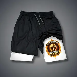 Christianity 80s 90s Double-Layer Sports Shorts Graphic Shorts Black Camo Streetwear Shorts Men Outfits Men Vacation Outfits Shorts