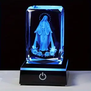 3D Crystal Virgin Mary with Colorful Light Base, Laser Engrave Blessed Mother Religious Gifts for Women, Christian Gifts for Friend, Our Lady of Guadalupe virgin Mary crystal ball night light gifts boyfriend