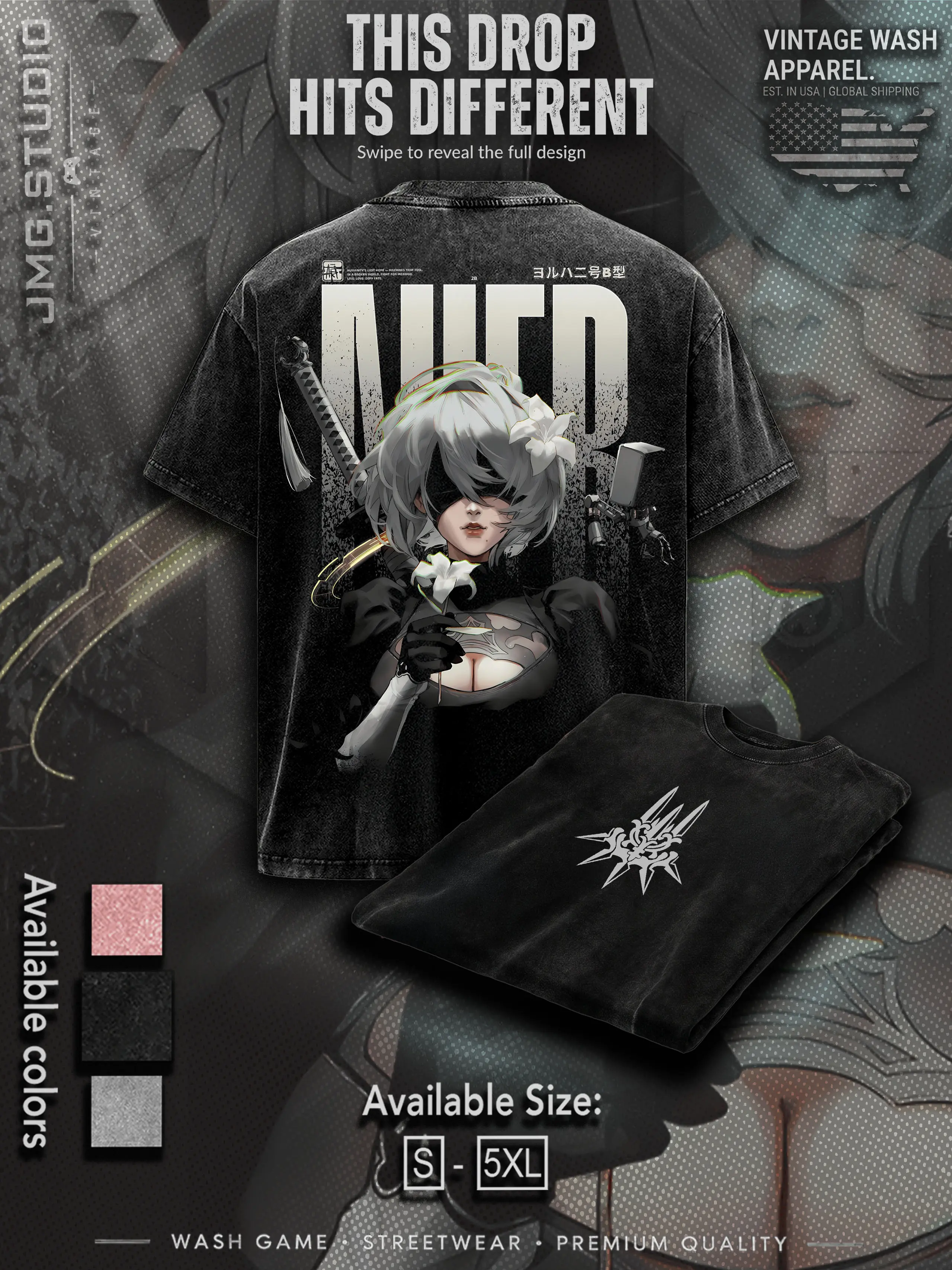2B Nier Automata Graphic T-Shirt, YoRHa Unit No.2 Type B Anime Game Tee, Android Combat Warrior Shirt, Sci-Fi RPG Inspired Streetwear, Double-Sided Acid Wash Cotton Top, Oversized Vintage Gamer Apparel, Casual Unisex Fan Gift