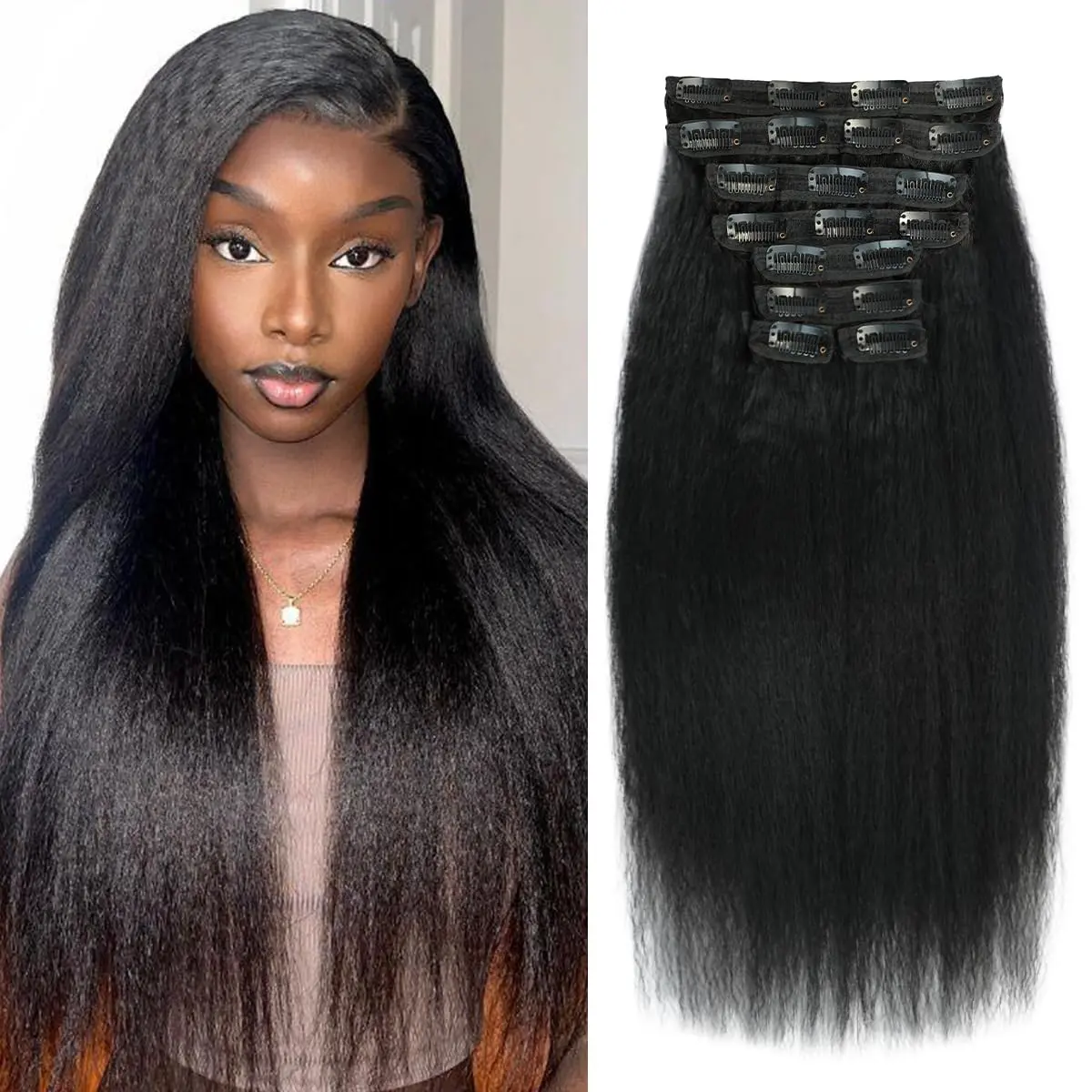 Kinky Straight Clip in Hair Extensions Real Human Hair Yaki Straight Clip ins Seamless Remy Human Hair Clip in Extensions for Black Women Natural Black 8Pcs 100g 20 Clips