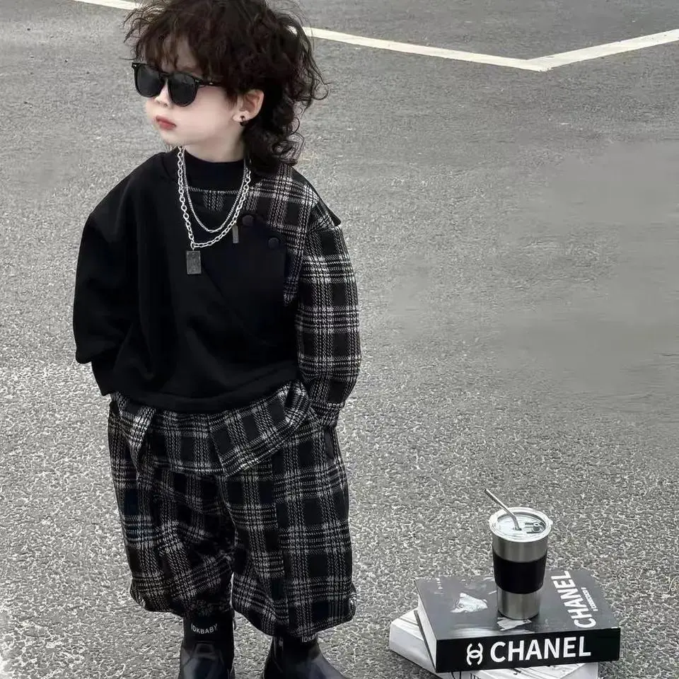 Baby Boys Children Clothes Spring Autumn Kid Fashion Splicing Plaid Coat & Plaid Pants 2Pcs Set Streetwear Handsome Sportswear
