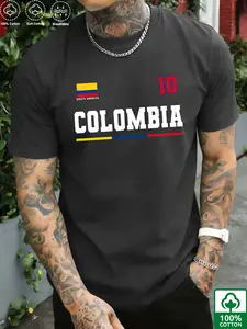 Men's Summer 100% Cotton Short Sleeve T-Shirt, Columbia No 10 Football Print, Loose Streetwear Casual Half Sleeve Top