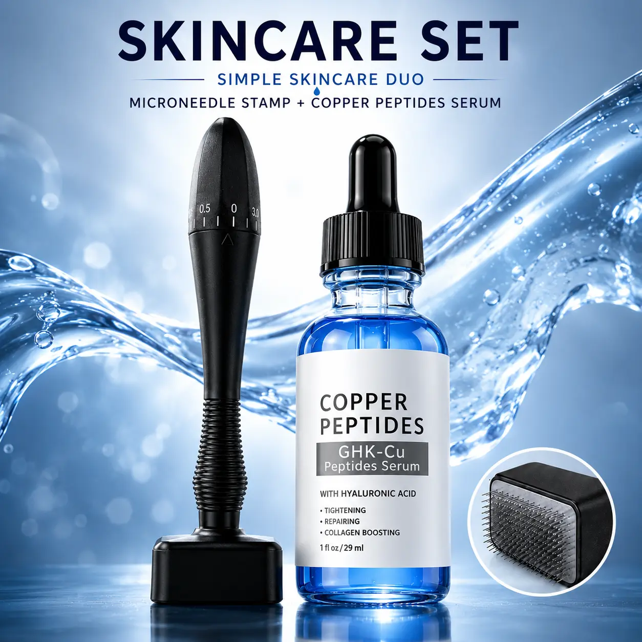 At-Home Serum Infusion Derma Stamp Kit, 30G Adjustable Stainless Steel Derma Stamp + 30mL GHK-Cu Copper Peptide Serum Bundle, Reusable Compact Skincare Tool Set for Daily Facial Care (All Skin Types)
