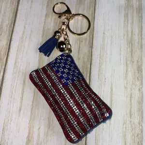 Patriotic Keychain with American Flag Design, Gold Color Chain, Blue Tassel, and Key Ring