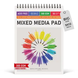 Beechmore Books 9x12 Watercolor Sketchpad - Professional Spiral Bound Sketchbook, 50 Sheets 300 GSM / 140 lb Heavyweight Acid-Free Paper, Micro-Perforated for Acrylic, Gouache and Mixed Media