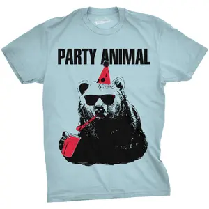 Mens Party Animal Funny Bear Tee Birthday Shirts Hilarious Party Time Novelty T shirt Mens Funny T Shirts Cool Vintage Fashion T-Shirt Gift Classic Menswear Birthday Apparel for Men Funny Animal Short Sleeve Light Blue