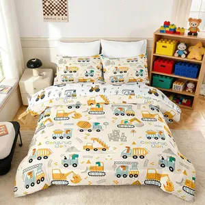 5 Pieces Boys Construction Truck Comforter Set Full, Kids Vehicles Excavator Bedding Full, Kids Printed Bedding Sets for Boys with 1 Comforter, 1 Flat Sheet, 1 Fitted Sheet & 2 Pillowcases