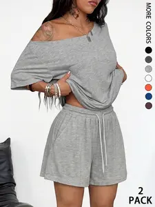 2pcs/Set Women's Minimalist Basic Daily Wear Going Out Sport Comfortable Loose Off Shoulder T-Shirt And Shorts Two Pieces Outfits,Casual Comfortable Summer, Trendy Ladies Fashion Ensemble