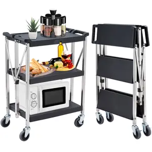 Foldable Utility Cart with Wheels, 300LB Large Capacity Collapsible Service Cart, XL 3-Tier Rolling Tool Carts for for Home, Garage, Workshops, Travel, Stainless Steel Frame