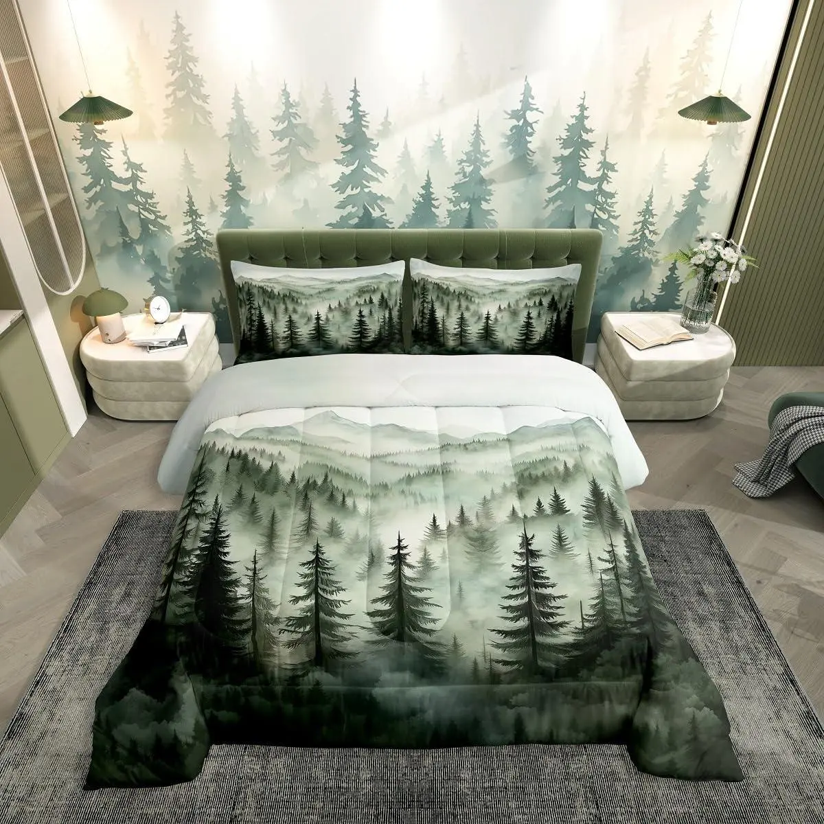 Smoky Mountain Bedding Set,Nature Forest Green Comforter Set,Rustic Woodland Botanical Pine Tree Quilt Set for Kids Adults Natural Jungle Plants Bed Duvet Set