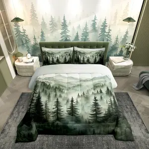 Smoky Mountain Bedding Set,Nature Forest Green Comforter Set,Rustic Woodland Botanical Pine Tree Quilt Set for Kids Adults Natural Jungle Plants Bed Duvet Set
