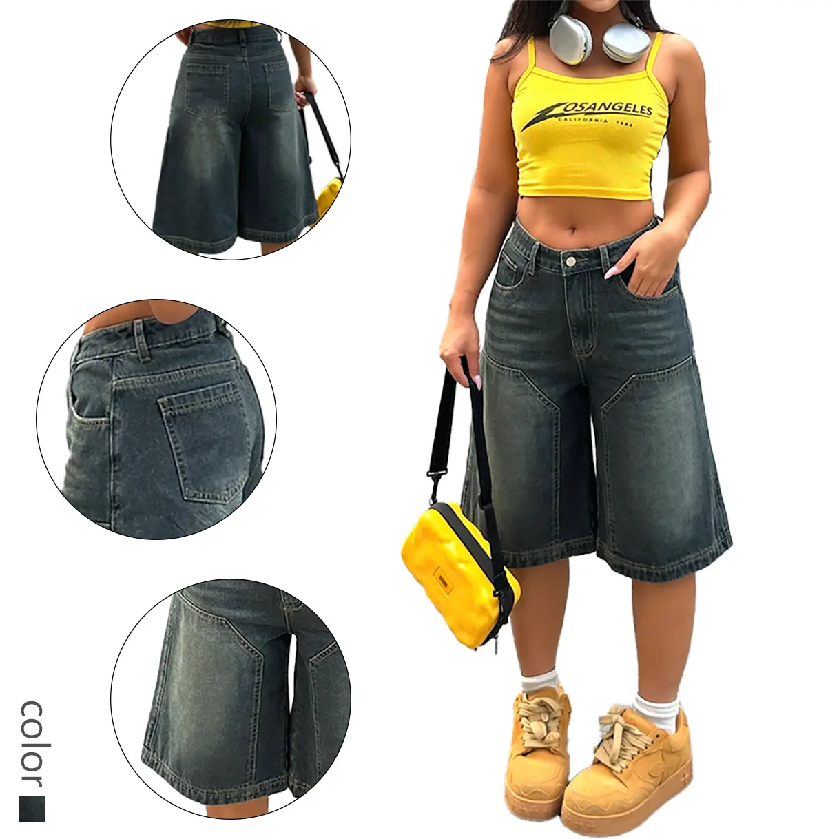 Baggy Denim Capris - Women's Dark Blue High Waisted Jean Culottes with Vintage Wash