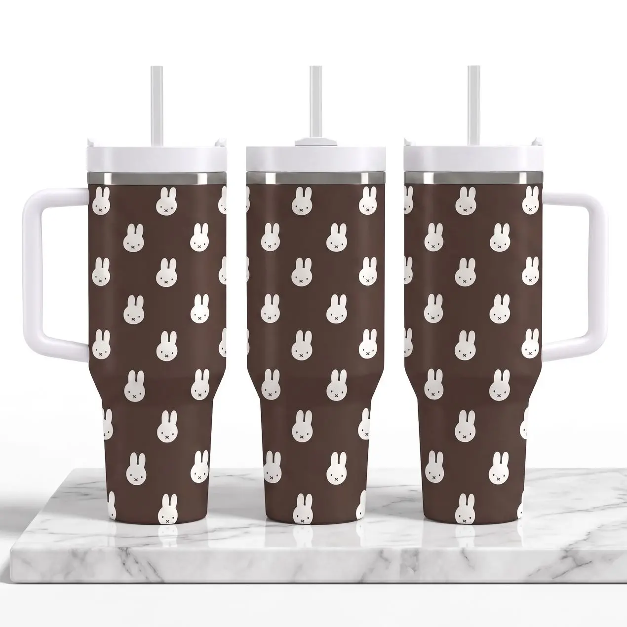 Aesthetic Brown Miffy 40oz Tumbler, Bunny Pattern Travel Mug with Straw, Cute Daily Water Bottle Gym Gift