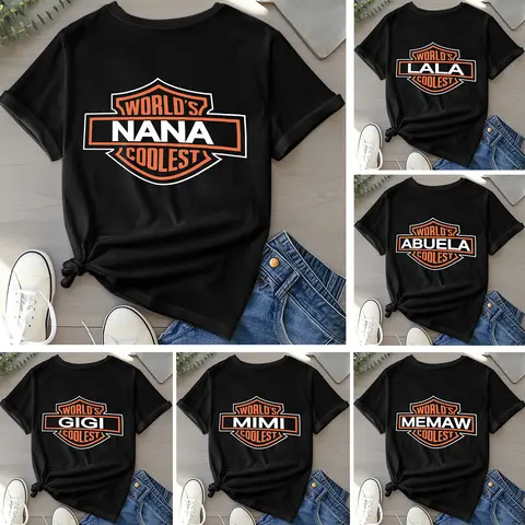 World's Coolest Grandma/Mom/Nana/Gigi Nickname Gift, Mother's Day Tee, Birthday Gift from Grandkids/Kids, Women's Casual Top, Back Print Font Cotton Shirt Clothes Printed