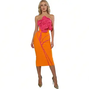 Women's Strapless 3D Floral Orange Bandage Midi Dress, Bodycon Cocktail Party Dress