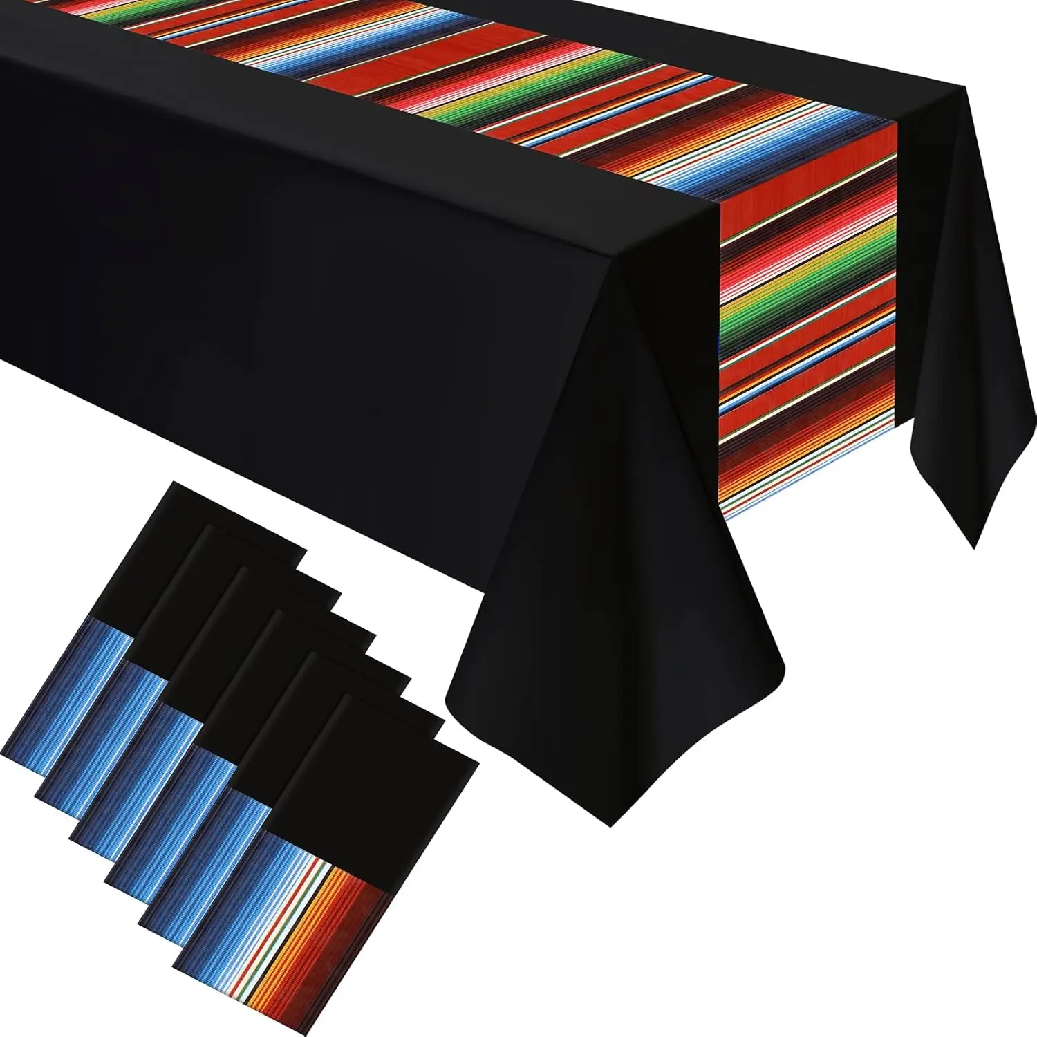 6 Pack Disposable Black Mexican Fiesta Plastic Tablecloths, 54x108in Striped Black Background Table Covers for Party Decorations