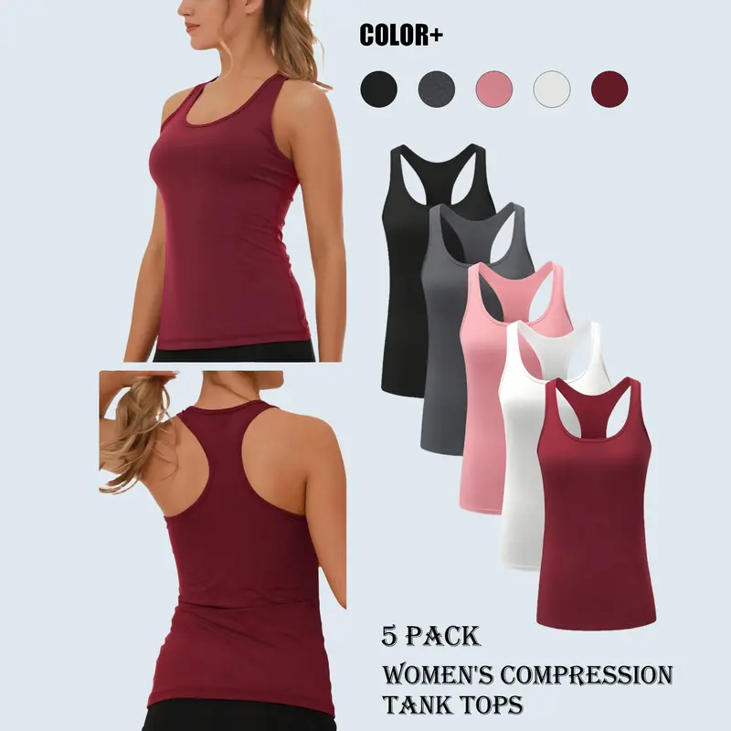 Women’s 5-Pack Quick Dry Tech Stretch Racerback Tank Tops - Knitted Fabric, Sporty Chic, Breathable Athleisure, Lightweight, Moisture Wicking, Dry Fit Performance, Sleeveless Sports Tops for Yoga, Tennis, Workout Sets Women, All Seasons