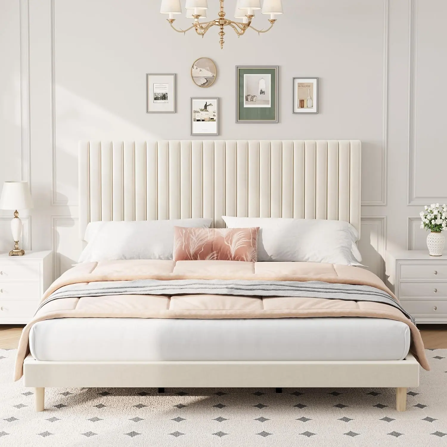 Velvet Upholstered King Size Divan Bed Frame with Adjustable Headboard, Vertical Channel Tufted, Metal-Reinforced Strong Wooden Slats, 6.3" Under-Bed Clearance, 800 lbs Weight Capacity, No Box Spring Needed, Easy Assembly, Beige, Upholstered Bed Frames, M