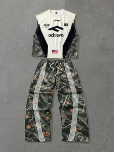 Men's Spring Summer Camo Leaf Vest Set with Matching Loose Pants, Menswear, Street Hip-Hop Style, Fashion Trendy Design, Daily & Outdoor Wear