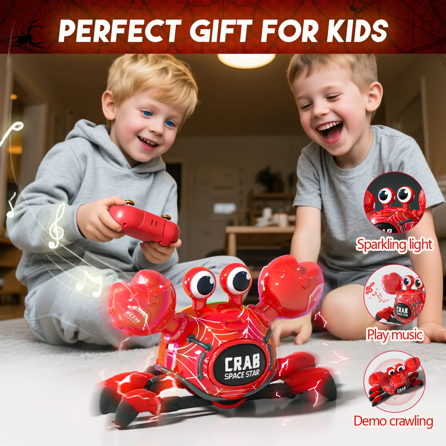 kuvatrix RC Robot Crab Toy, Rechargeable Crab Robot with LED Lights & Music, Fast Crawling 360° Stunt Rotation, Crab Toys for Kids Ages 3+, Gift for Boys & Girls