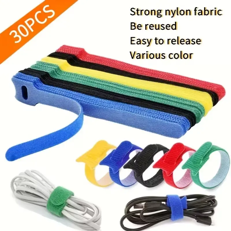 30pcs Multicolor Nylon Velcro Straps, Reusable Self-Adhesive Cable Management Ties, Home Office Multi-Purpose Wire Organizer, Multifunctional Cable Tie, Office Gadgets, Desk Wire Management, Office Essentials