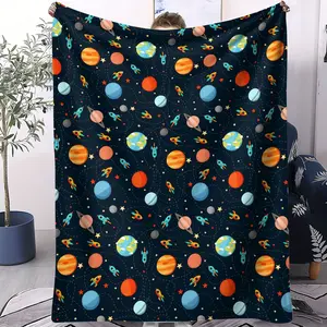 Galaxy Fleece Throw Blanket, Outer Space Solar System Sherpa Blanket, Space Rocket Plush Blanket, Universe Planets Colorful Fuzzy Blanket for Bed Sofa Couch, Soft Flannel Throw