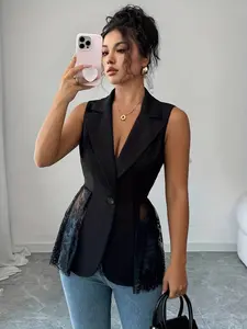Women's Elegant Fashion Sleeveless Blazer Jacket, Versatile Lace Patchwork Small Suit, Fitted Style, Perfect for Any Occasion