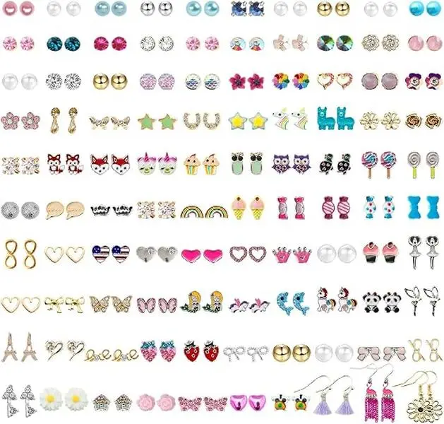 100 Pairs Colorful Cute Earrings for Girls Sensitive Ears Hypoallergenic Girl Stud Earrings Set Stainless Steel Cartoon Stud for Girls and Women