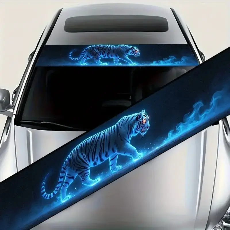 1pc Fluorescent Glow-in-the-Dark Tiger Car Windshield Decal, Car Window Decals, Automobile Decals - Matte Vinyl, UV-Resistant & Decal for Cars, Neon Night Visibility for Motorcycles, Trucks - Tiger & Blue Smoke Design Vehicle Exterior Decoration Decals