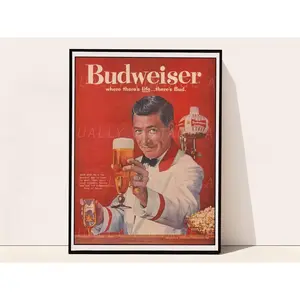 [UNFRAMED POSTER] Budweiser Vintage Bar Cart Poster, When There's Life There's Bud, Retro Beer Print, Home Kitchen and BarDecor POSTER