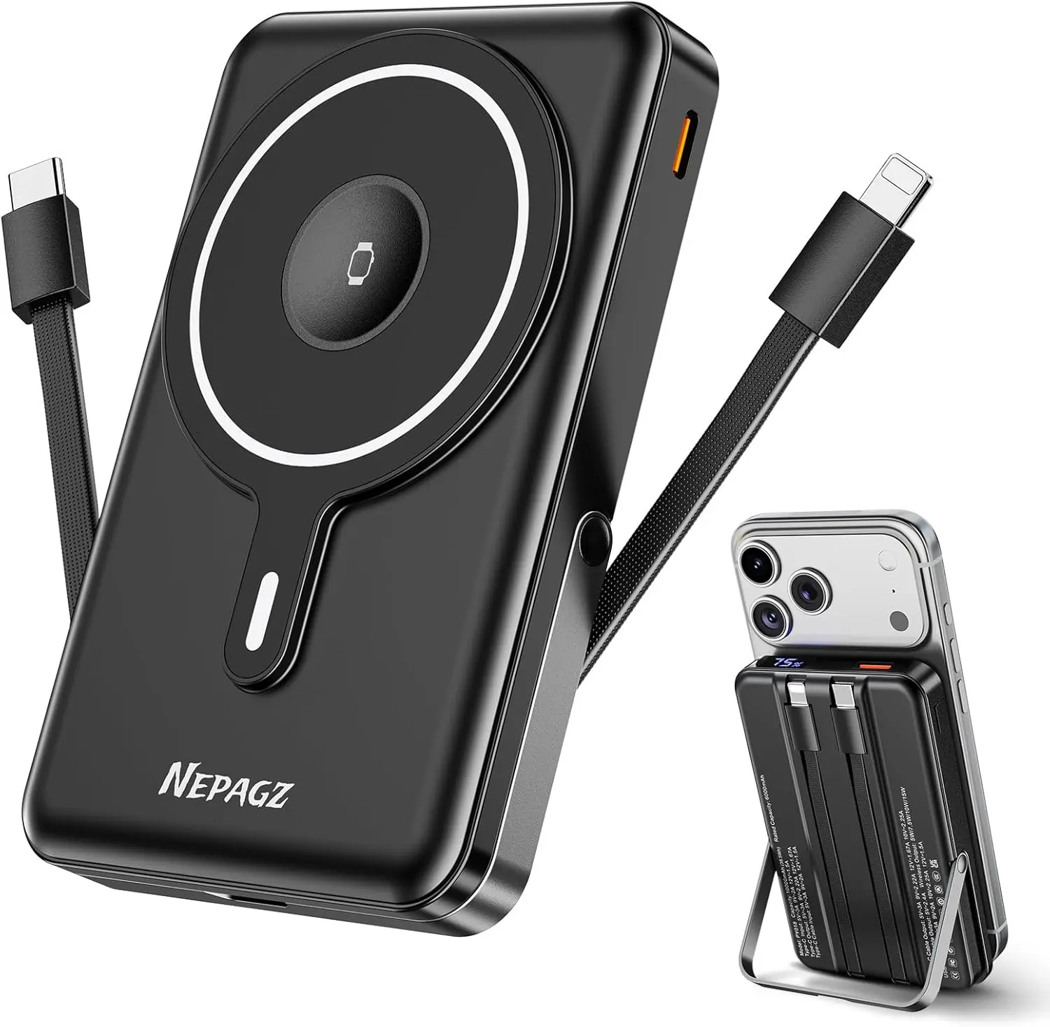 MagSafe Portable Power Bank 10000mAh Dark Black - 22.5W PD Fast Charging, USB-C Cable Included, Foldable Stand, Magnetic Wireless Charger for iPhone 17/16/15/14/13/12 Series