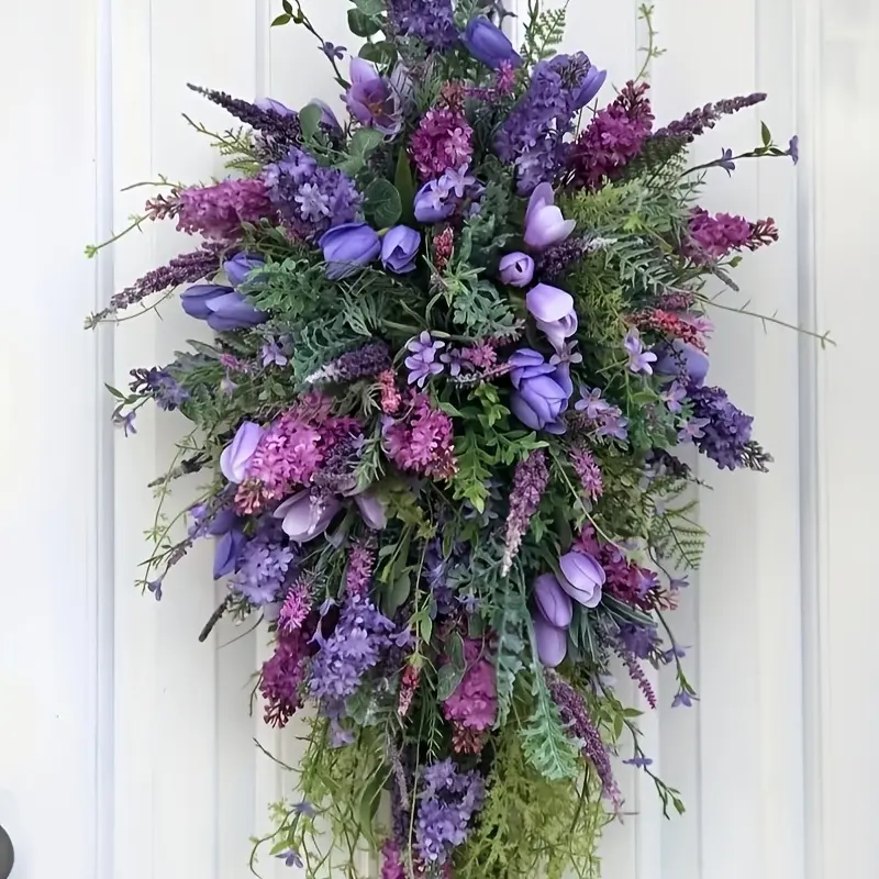 Vibrant Purple Tulip & Hydrangea Spring/Summer Wreath - Colorful Artificial Flower Door Decor for Home, Mothers Day Celebrations, Seasonal Door Decor | Spring  Decor | Plastic Greenery Decorative Fruit Plants Wreath-023 Ornaments artificial outdoor plants
