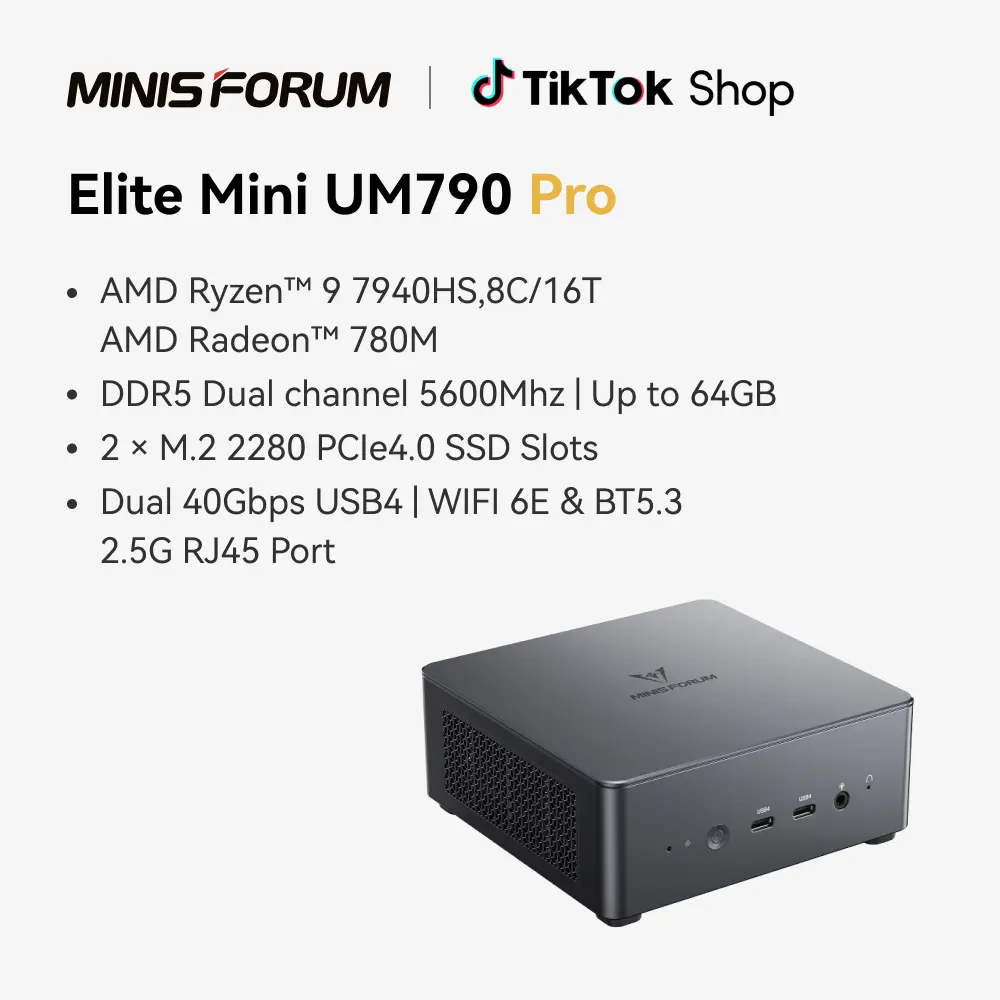 MINISFORUM Venus UM790 Pro Mini PC AMD Ryzen 9 7940HS up to 5.2 GHz 32 GB DDR5 1 TB SSD Radeon 780M Graphics, 4X USB3.2, 2X USB4, 2X HDMI 2.1, PCIe4.0x2, BT5.3, RJ45 2.5G BackToSchool