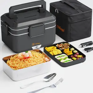 Electric Lunch Box 100W Portable Food Warmer for Adults 1.8L with Fork Spoon Bag Multi Layer Insulated Steel Container Tableware 80W/1.5L/Black