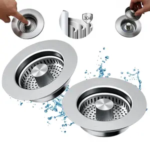 3 in 1 Kitchen Sink Drain Strainer,Metal 304 Stainless Steel,sink drain strainer,Upgraded kitchen sink stopper,Fast Drainage Odor Filter Sink Plug for US Standard Kitchen Drain(2Pack)