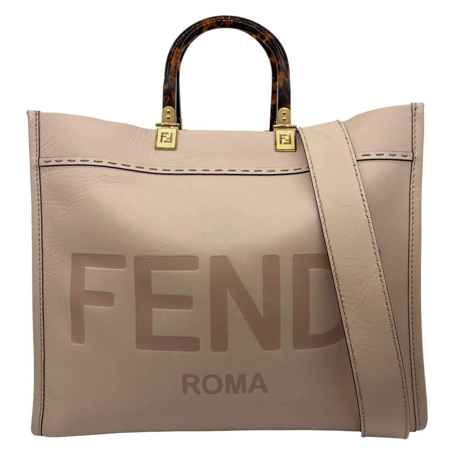 Pre-owned FENDI Leather Tote Bags Sunshine Medium Shopper Tote Bag Nude