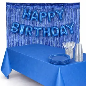 Blue Birthday Party Decoration Kit – Foil Fringe Curtain, Happy Birthday Balloons, Table Cover, Plates, Cups & Cutlery Set