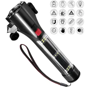 Solar   Safety Hammer Flashlight with Seatbelt , LED High Lumens, Red and Blue SOS Flashing, USB ,  Attraction, Portable Design