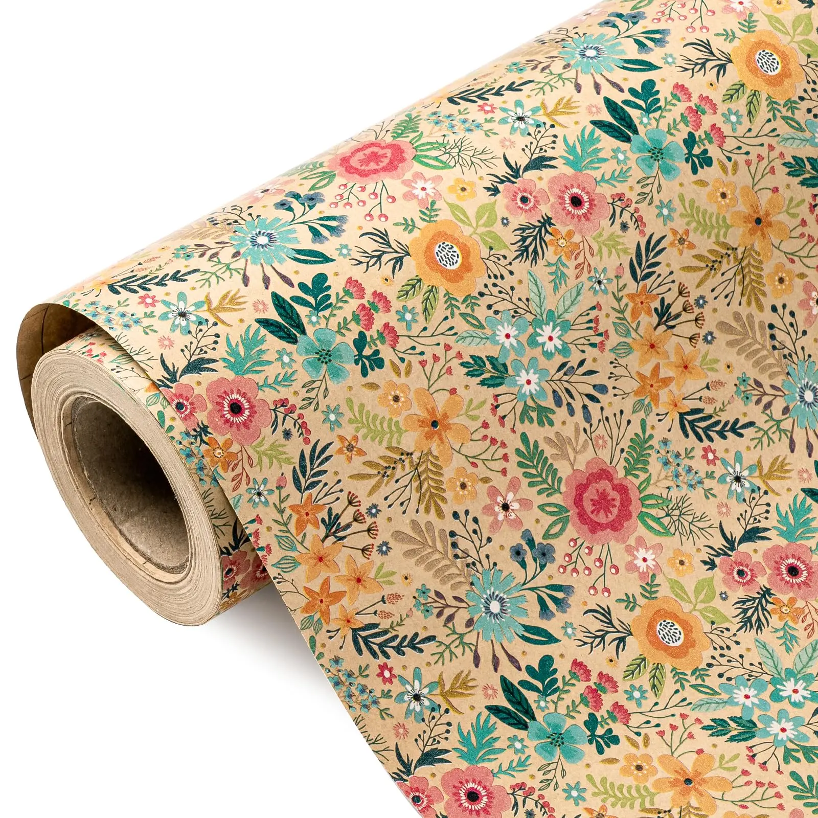 Kraft Floral Wrapping Mini Roll - 17 in x 9.8 ft, Floral Design, Thick Paper, Colorful Pattern - Craft Paper Gifts & Wrapping for Wedding, Birthday