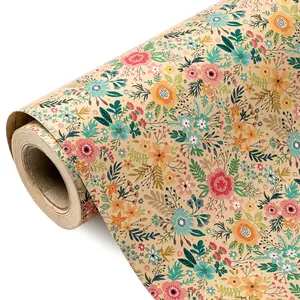 Kraft Floral Wrapping Paper Roll - Mini Roll - 17 Inch x 9.8 Feet - Spring Summer Garden Flower Design Perfect for Wedding, Bridal Shower, Birthday