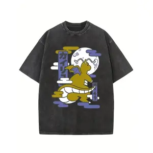 Men's Soft Stretch Casual Cotton T-Shirt, Retro Oversized Loose Fit Ukiyo-e Dragon Graphic Washed Vintage Distressed Unisex Anime Streetwear Top, Ideal Birthday & Christmas Gift