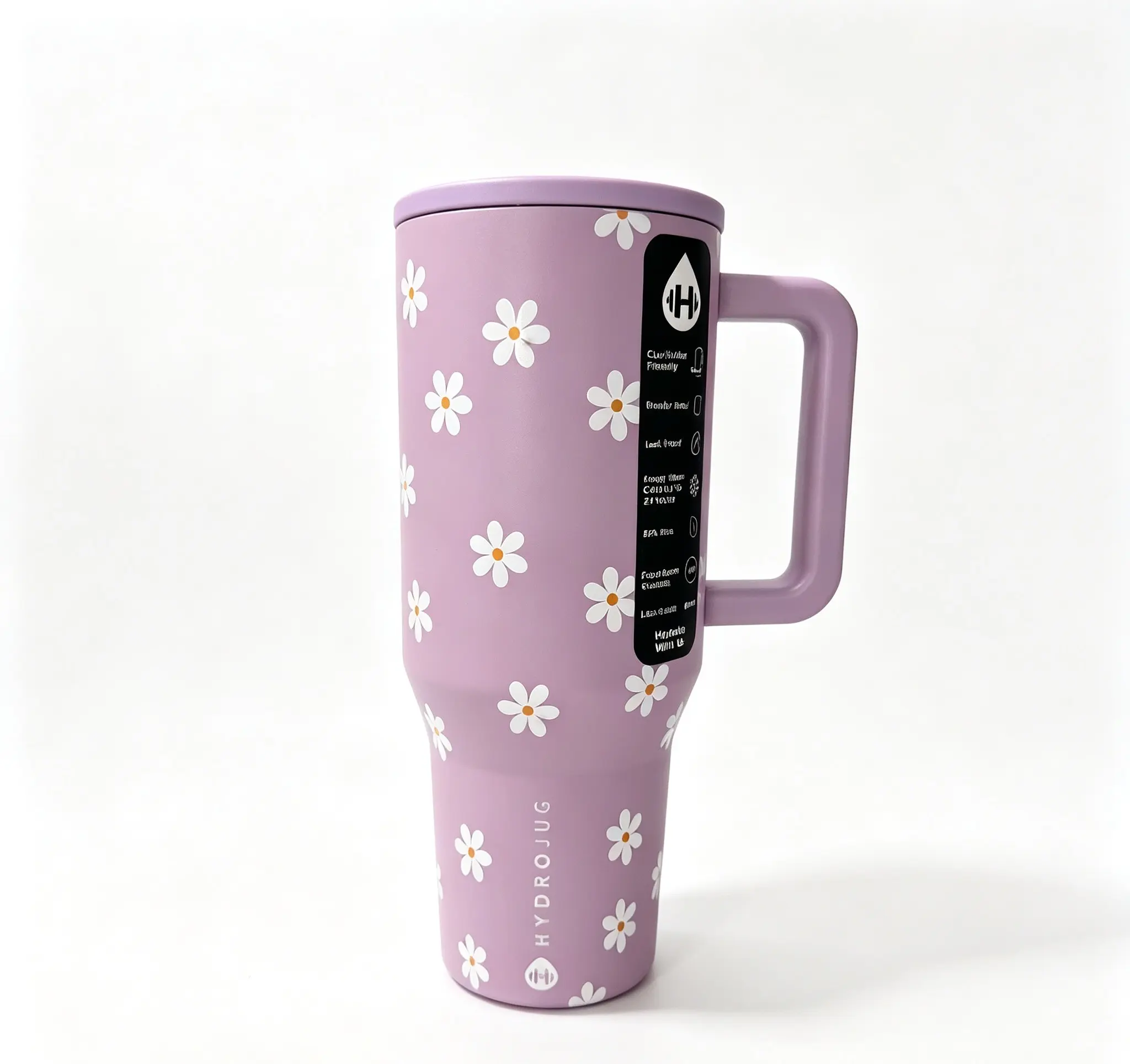 HydroJug 40oz Pastel Lavender Daisy Pattern Vacuum Insulated Tumbler with Handle, BPA-Free Large Capacity Travel Coffee Mug for Daily Commute, Camping valentine christmas couple gift big novelty birthday skinny straight print car office funny sport lover