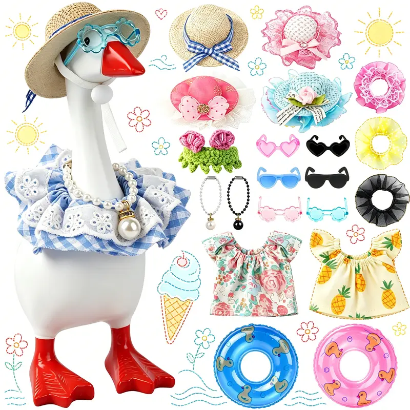 Desk Goose 22PCS 7-inch Cotton-Blend Outfits Set - Cute Short Switchable Dress-Up Accessories for Office Desk Figurine Decor: Hats, Sunglasses, Pool Swim Rings, Bikini for Everyday Gifting & Parties