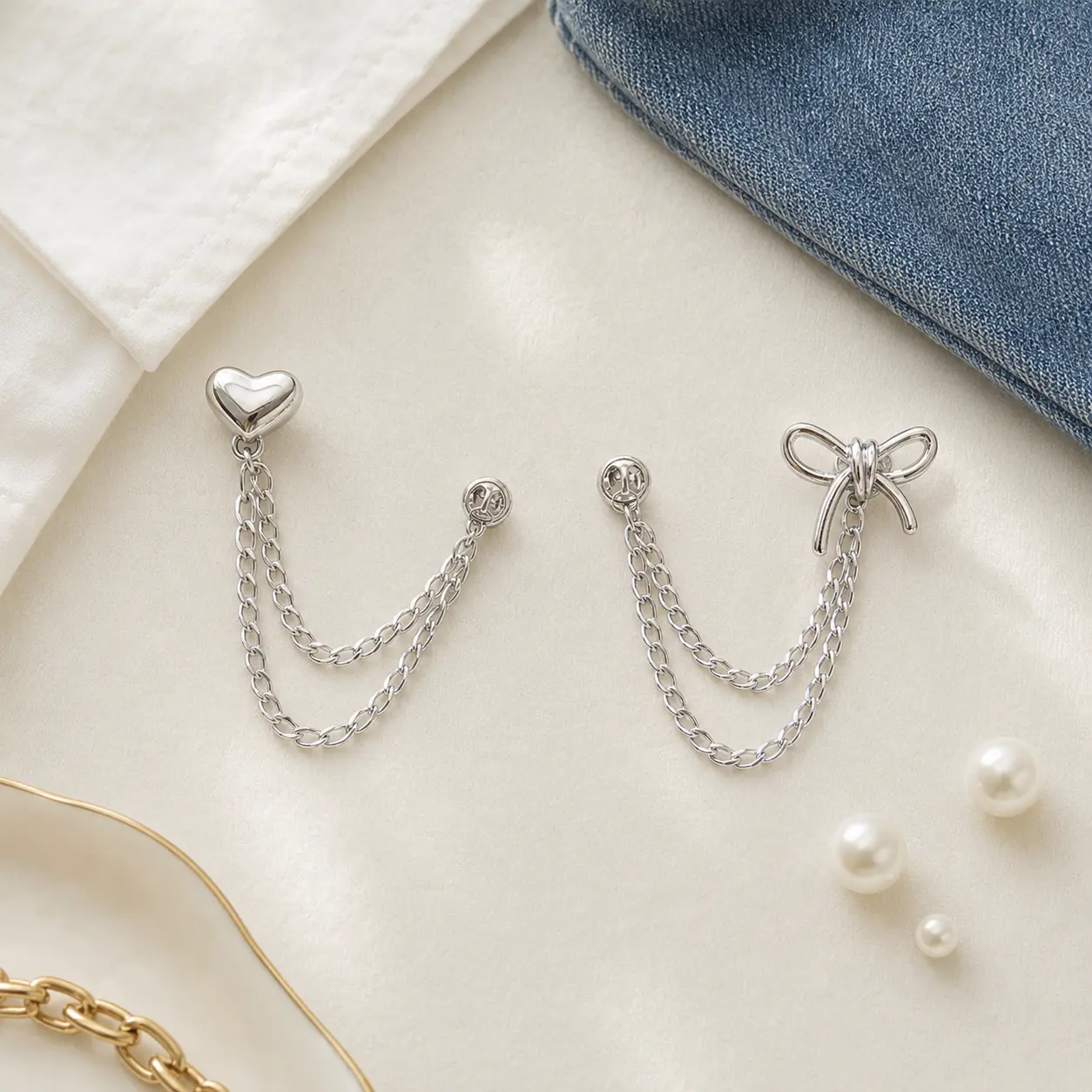 Silver clothes clip, chain needle buckle, T-shirt pants hem clip, adjustable hem without clip, sleeves, pants (5 heart-shaped bows and 5 butterfly bows)