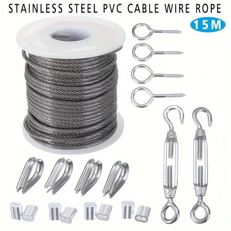 2mm 590.55inch Stainless Steel Wire Rope Cable Hooks Hanging Kit Set ...