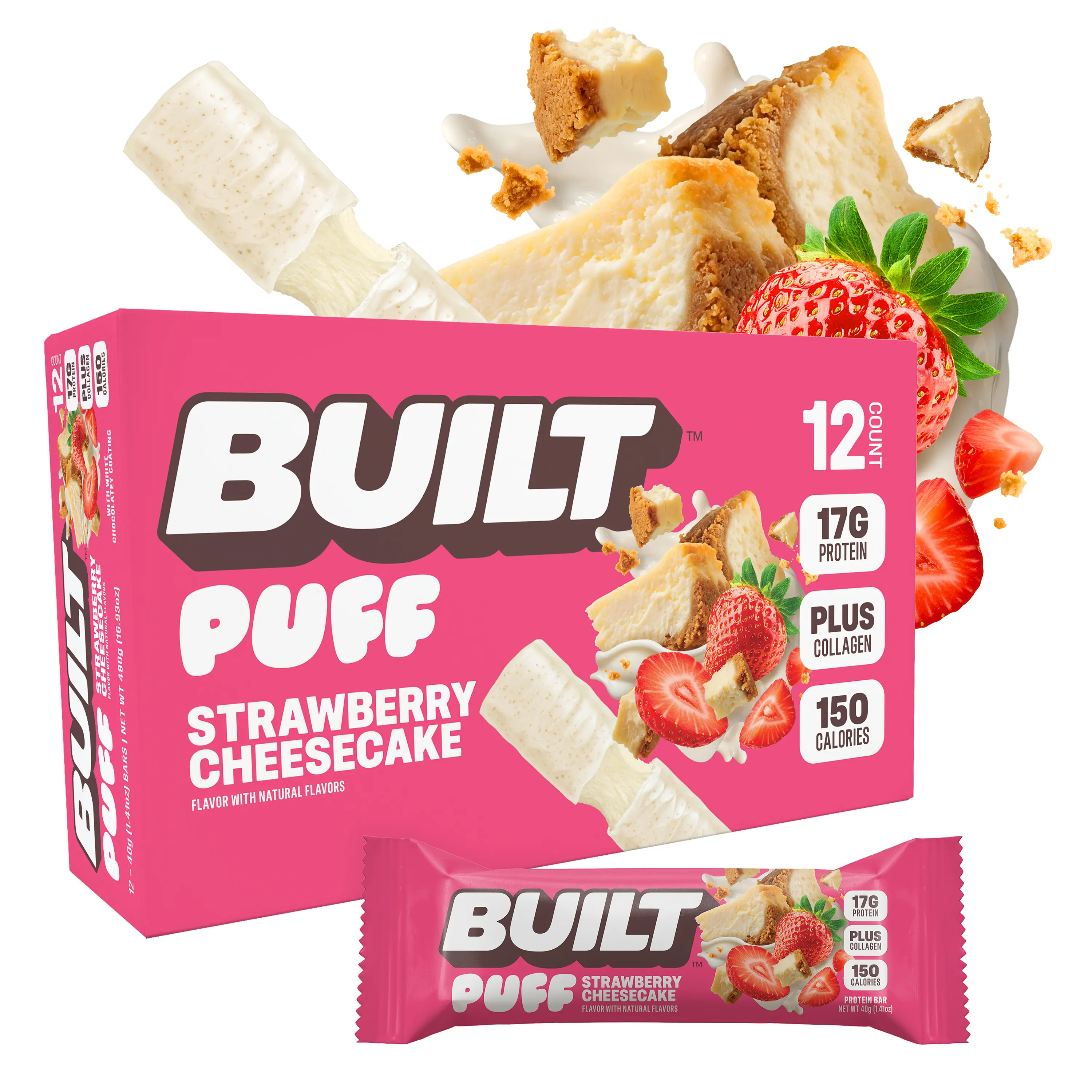 Official BUILT Bar, Puff Protein Bar Snack, Strawberry Cheesecake, Protein Packed Snack, Collagen, 150 calories, Not Gluten Free